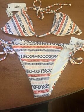 Striped Triangle Tie-Side Bikini Set in Red, Navy & White